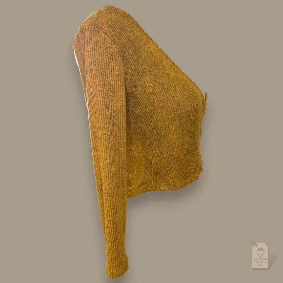 Timing Mustard Ribbed Wrap Deep V Sweater Top Medium - Picture 3 of 5